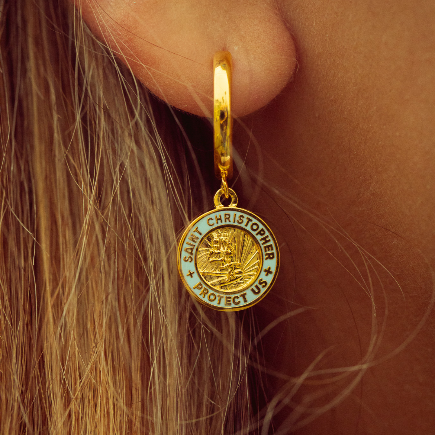 St. Christopher Earrings - Gold / Baby Blue