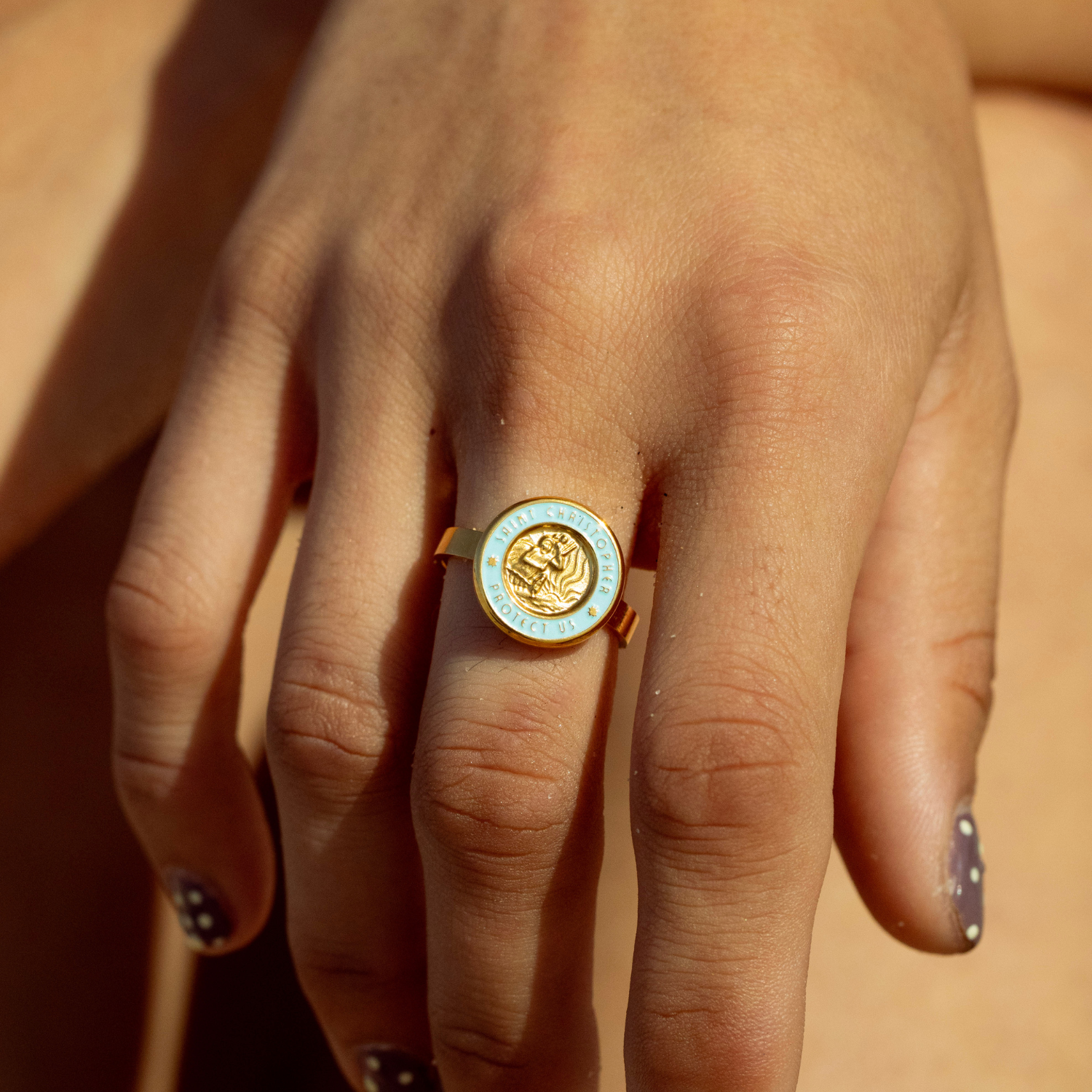 St. Christopher Ring - Gold / Baby Blue