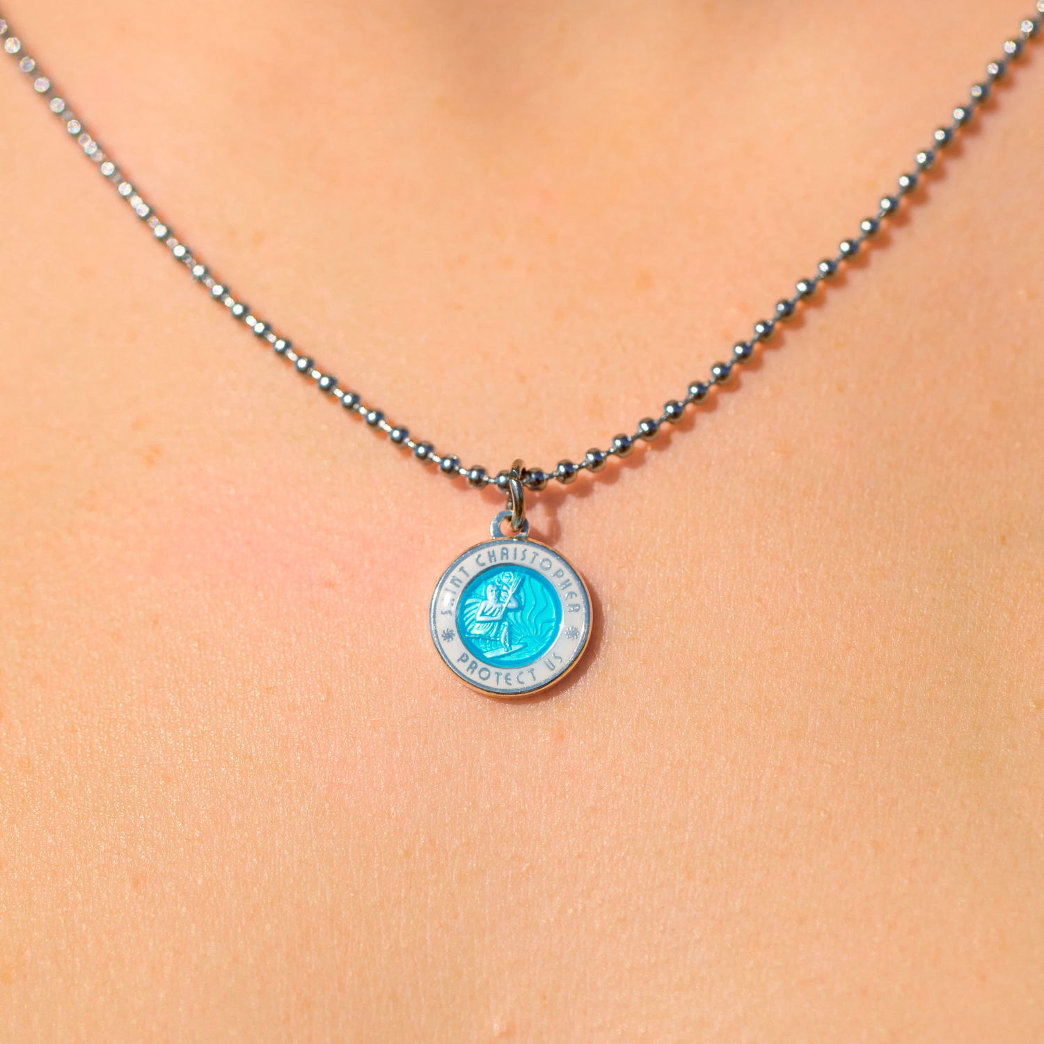 small st. christopher necklace in 
aqua white 