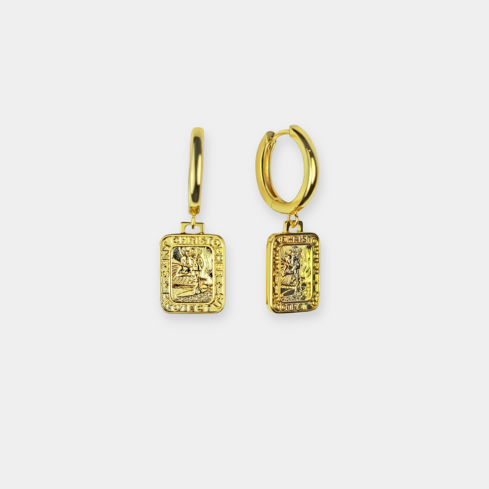Gold St. Christopher Rectangle Earrings