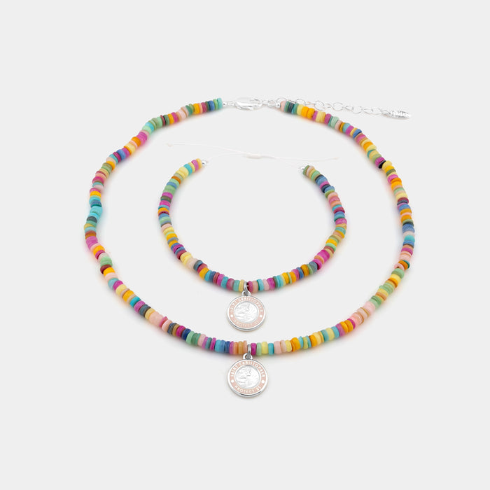 pastel sunset beaded set with st. christopher pendant 